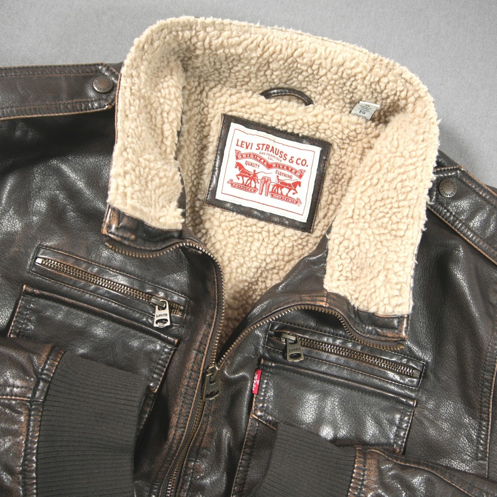 Levi Bomber Faux Leather Sherpa Men Flight Jacket XL Brown Retro Moto Aviator
